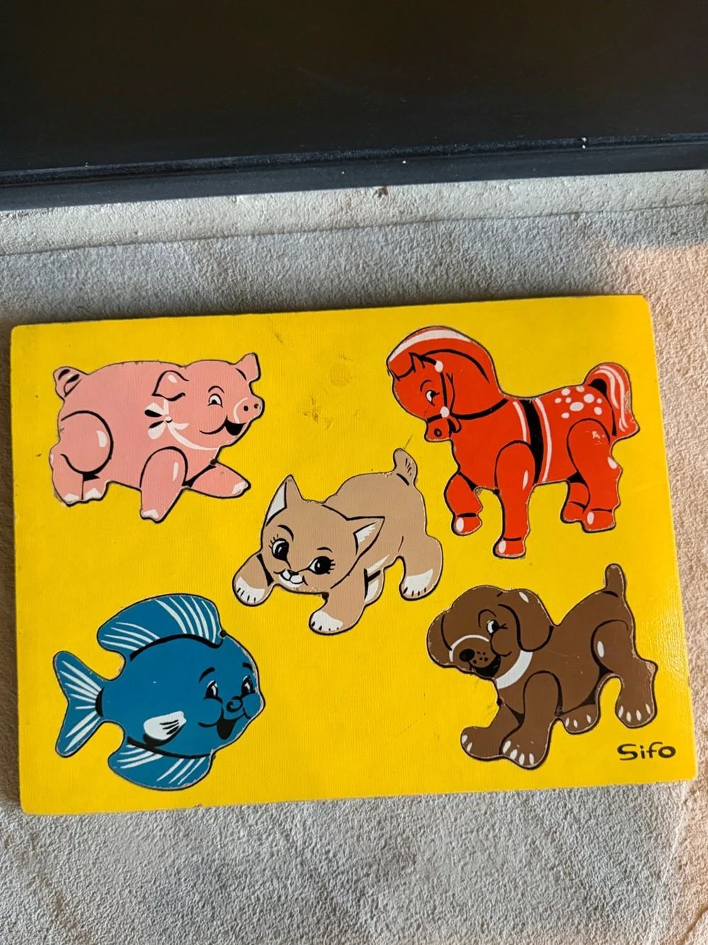 Vintage Mid Century Sifo Toys 5-Piece Wooden Inlay Tray Puzzle Animals Sea Life